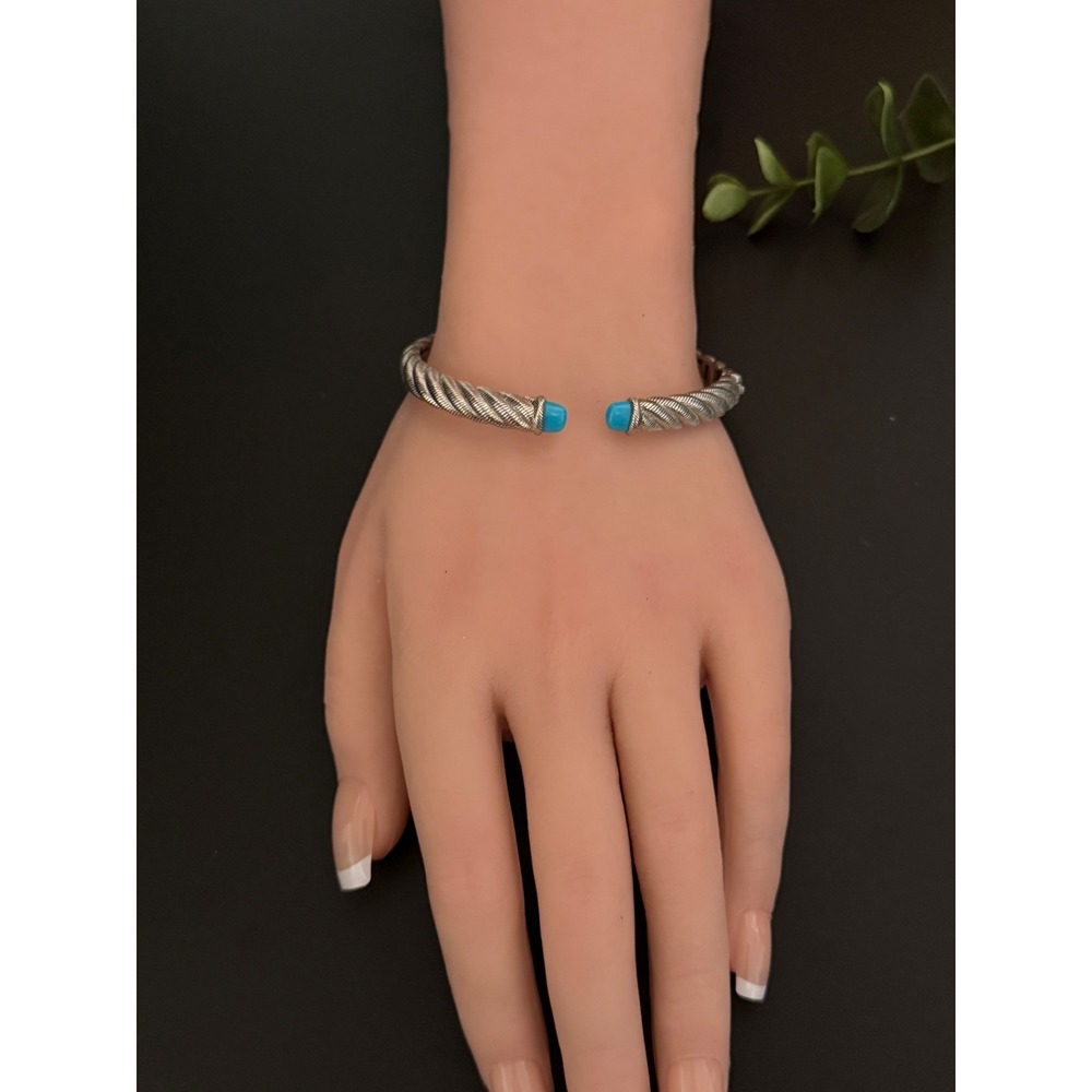 Judith Ripka 925 Sterling Silver Turquoise Twisted Cable Cuff Bracelet Bangle - Picture 4 of 11